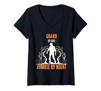 Femme Un Gardien de Jour, Un Zombie de Nuit, Un Halloween drôle et Effrayant T-Shirt avec Col en V