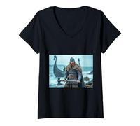 Femme Un guerrier viking féroce saisit une hache sur la rive rocheuse orageuse T-Shirt avec Col en V