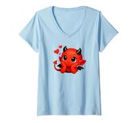 Femme Un Mignon bébé Diable Amoureux avec des cœurs flottants Shapes Mania T-Shirt avec Col en V