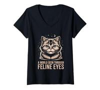 Femme Un monde vu à travers les yeux félins pour amoureux des chats T-Shirt avec Col en V