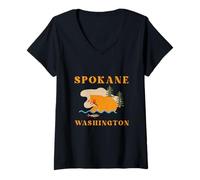 Femme Un Ours Attrape des Poissons Spokane Washington Outdoor T-Shirt avec Col en V