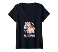 Femme Un Studio d'art Kawaii Pony Rencontre Un Cheval d'arène d'équitation T-Shirt avec Col en V