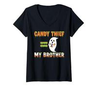 Femme Un Voleur de Bonbons égale Halloween à Mon frère T-Shirt avec Col en V