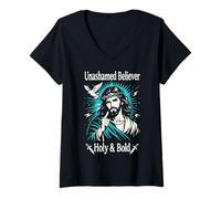 Femme Unashamed Believer Holy Christian Jésus Faith Romains 1:16 T-Shirt avec Col en V