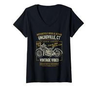 Femme Uncasville CT USA Style rétro vieilli Style moto T-Shirt avec Col en V