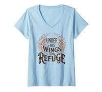 Femme Under His Wings I Find Refuge - Vintage Christian Faith T-Shirt avec Col en V