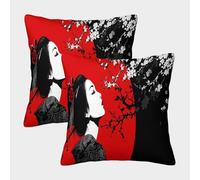 Femme Under The Cherry Blossom Arbre Housse De Coussin 45x45cm Paquet De 2 Art Japonais Noir et Blanc Taies d'oreiller Décorative Adaptée Au Lit,Voiture,canapé,Jardin