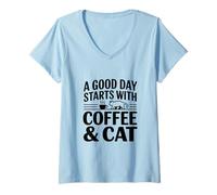 Femme Une Bonne journée Commence avec Les Amateurs de café et de Chats T-Shirt avec Col en V