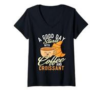 Femme Une Bonne journée Commence par Un café et Un Croissant - Coffee Lover T-Shirt avec Col en V