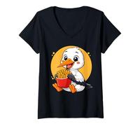 Femme Une Cigogne Mangeant des Frites est Un Amateur Amusant de Nourriture pour Animaux Kawaii T-Shirt avec Col en V