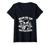 Femme Une Conspiration ovni drôle, Beam Me Up Alien This Place Suks T-Shirt avec Col en V