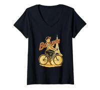 Femme Une élégante Parisienne chevauche Un vélo Tenant Une Baguette T-Shirt avec Col en V