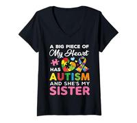 Femme Une Grande Partie de Mon cœur est autiste et C'est ma sœur T-Shirt avec Col en V