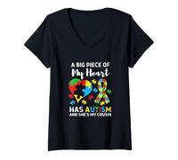 Femme Une Grande Partie de Mon cœur est autiste et C'est Mon Cousin T-Shirt avec Col en V