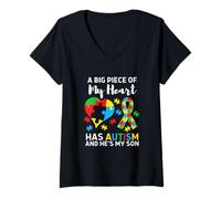 Femme Une Grande Partie de Mon cœur est autiste et C'est Mon Fils T-Shirt avec Col en V