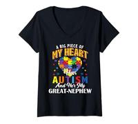 Femme Une Grande Partie de Mon cœur est autiste et C'est Mon Petit-Neveu T-Shirt avec Col en V