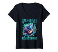 Femme Une Nature indomptée dévoile l'emblème de la forêt d'un Loup Hurlant T-Shirt avec Col en V