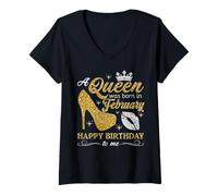 Femme Une reine est née en février, femmes, filles, anniversaire de février T-Shirt avec Col en V