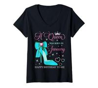 Femme Une Reine est née en Janvier. Joyeux Anniversaire à Moi T-Shirt avec Col en V