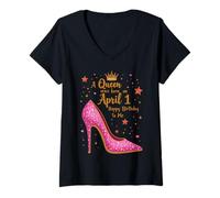 Femme Une Reine est née Le 1er Avril Célébration d'anniversaire Glamour T-Shirt avec Col en V