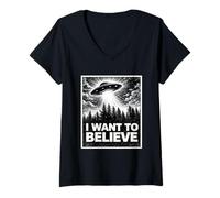 Femme Une Source d'inspiration pour Les Amateurs d'ovnis extraterrestres Classiques de I Want to Believe T-Shirt avec Col en V