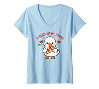 Femme Une Tranche de Mon cœur Mignon Kawaii oie Pizza Love T-Shirt avec Col en V