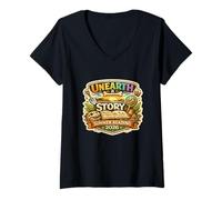 Femme Unearth a Story Summer Library Reading 2026 Dinosaur Prize T-Shirt avec Col en V