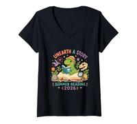 Femme Unearth a Story Summer Library Reading 2026 Dinosaur Prize T-Shirt avec Col en V