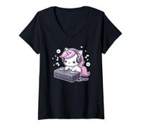 Femme Unicorn DJ Mixeur Disco Jockey Kawaii Musique Mignon T-Shirt avec Col en V
