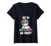 Femme Unicorn DJ Rave Techno Pas De DJ, Pas De Fête Rave T-Shirt avec Col en V