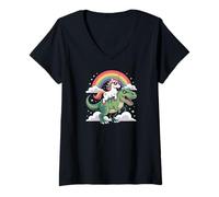 Femme Unicorn Riding T Rex Rainbow Clouds Cute Dinosaur T-Shirt avec Col en V