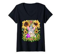 Femme Unique Sunflower Motif for Women with Bunny GNOME for Easter T-Shirt avec Col en V