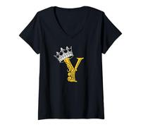 Femme University Varsity-Gold Lettre Y Initiale + Couronne T-Shirt avec Col en V