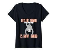 Femme Upside Down is How I Hang (Graphique Amusant de Paresseux) T-Shirt avec Col en V