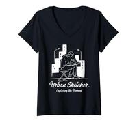Femme Urban Sketcher immortalisant l'instant T-Shirt avec Col en V