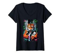 Femme Urban Streetwear Tigre Amoureux des Animaux T-Shirt avec Col en V