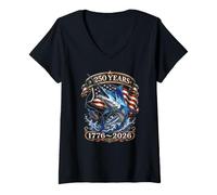 Femme USA 250e Anniversaire Marlin pêcheur pêche 1776 2026 T-Shirt avec Col en V