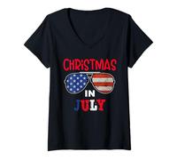 Femme USA American Sunglass Christmas in July T-Shirt avec Col en V
