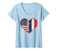 Femme USA France Heart - Double citoyenneté T-Shirt avec Col en V
