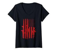 Femme USA Guns Armes Drapeau Fusils Rayures Armée Amérique T-Shirt avec Col en V