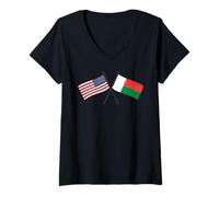 Femme USA Madagascar Drapeau croisé Américain Malgache Amitié T-Shirt avec Col en V