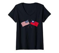 Femme USA Taiwan Drapeaux croisés amitié taïwanaise américaine T-Shirt avec Col en V