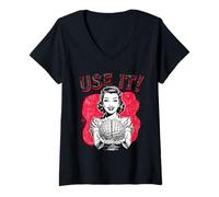 Femme Use It Sarcasme rétro Femme Tenant Un Cerveau Humour T-Shirt avec Col en V