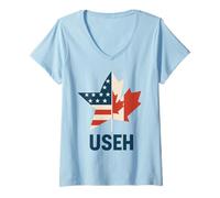 Femme USEH Funny USA flag Canada flag Half Canadian American T-Shirt avec Col en V