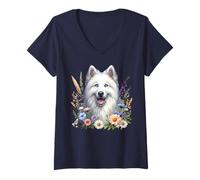 Femme Œuvre d'art de fleurs sauvages d'été Yakutian Laikas T-Shirt avec Col en V