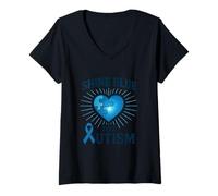 Femme Œuvre d'art de Sensibilisation à l'Autisme avec Ruban Bleu T-Shirt avec Col en V