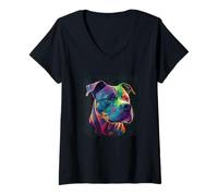 Femme Œuvre d'art du Propriétaire d'un American Staffordshire T-Shirt avec Col en V