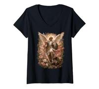 Femme Œuvre d'art icône sacrée Florale de Saint Michel T-Shirt avec Col en V