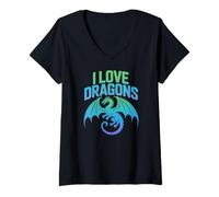 Femme Œuvre d'art « J'aime Les Dragons, Les Animaux mythiques » T-Shirt avec Col en V