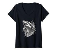 Femme Œuvre d'art Monochrome représentant Un prédateur de l'océan avec Great White Shark Breach T-Shirt avec Col en V